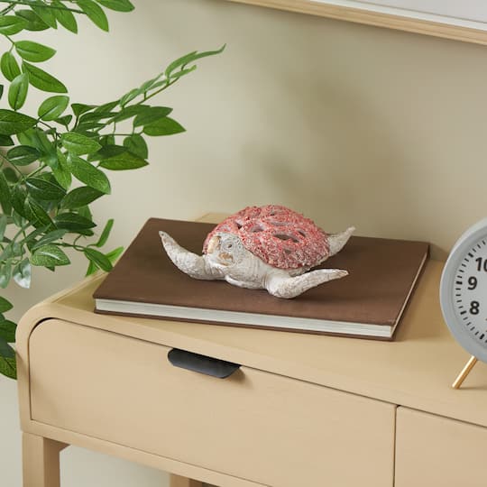 8.25" Red & White Polystone Sea Turtle Swimming with Textured Shell Decorative Sculpture